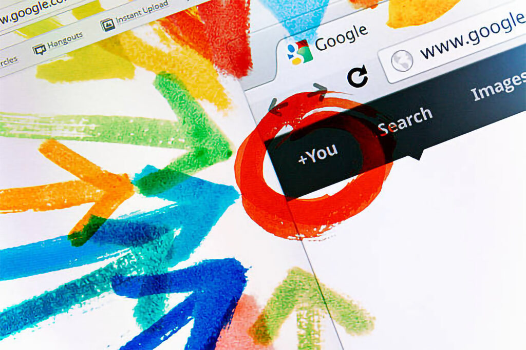 screenshot de uma busca do google com a palavra you circulada e com vária setas coloridas apontando para ela