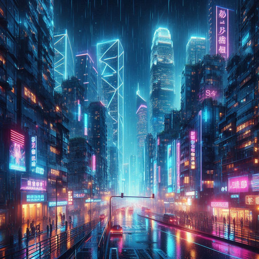 Uma cidade futurista cyberpunk à noite